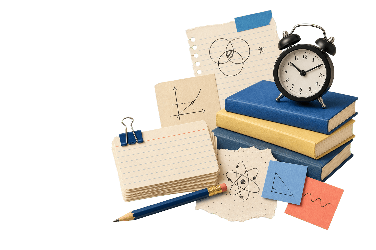 A paper collage of study cards, books, a pencil, and an alarm clock